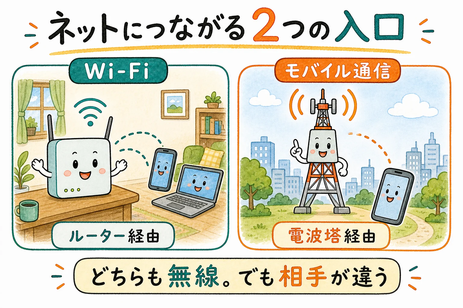 Wi-Fi＝自宅ルーター経由 / モバイル通信＝電波塔経由