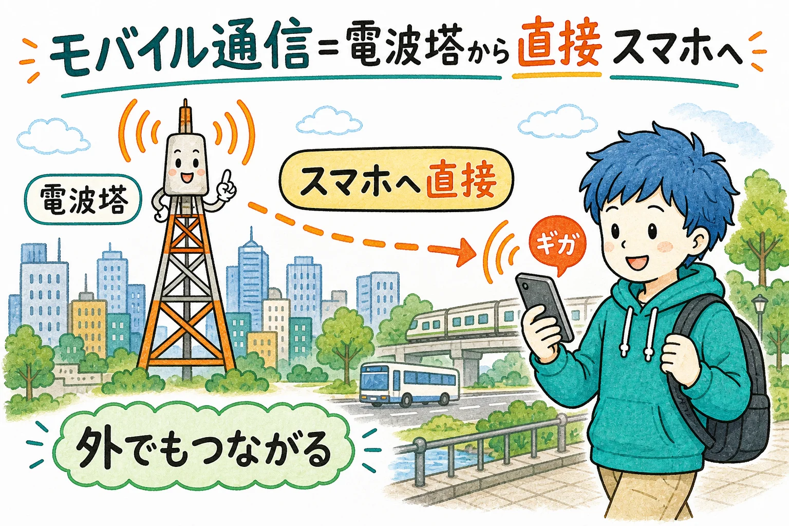 モバイル通信＝電波塔から直接スマホへ