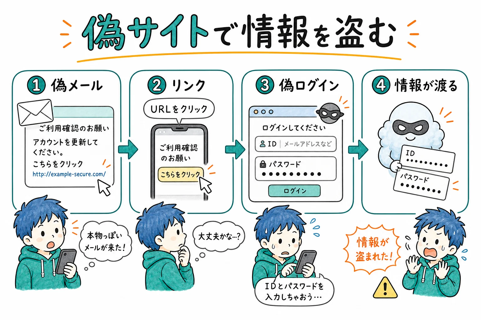 フィッシング詐欺＝偽物サイトに誘導してログイン情報を盗む