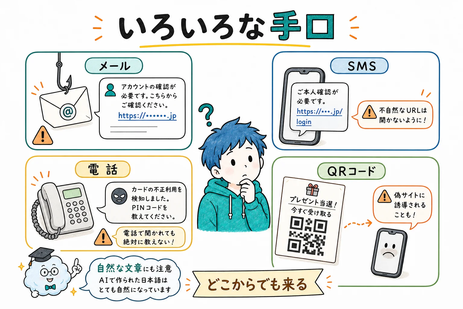 メール／SMS／電話／QR の4つの手口