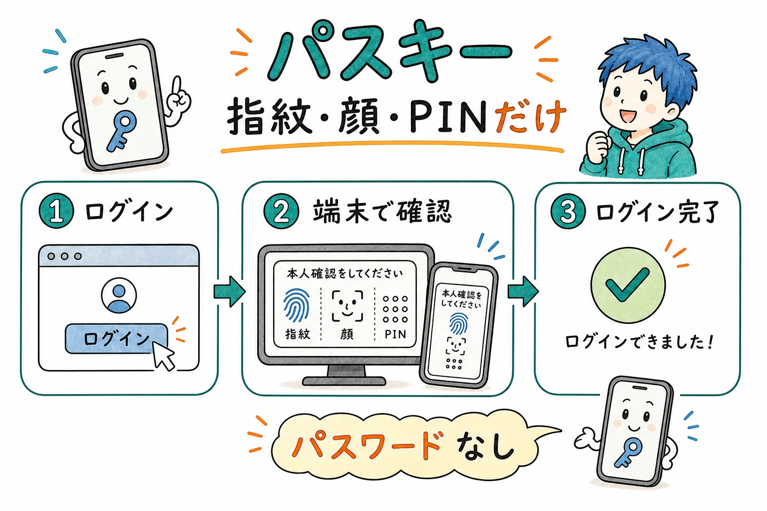 パスキー＝指紋・顔認証だけでログインできる
