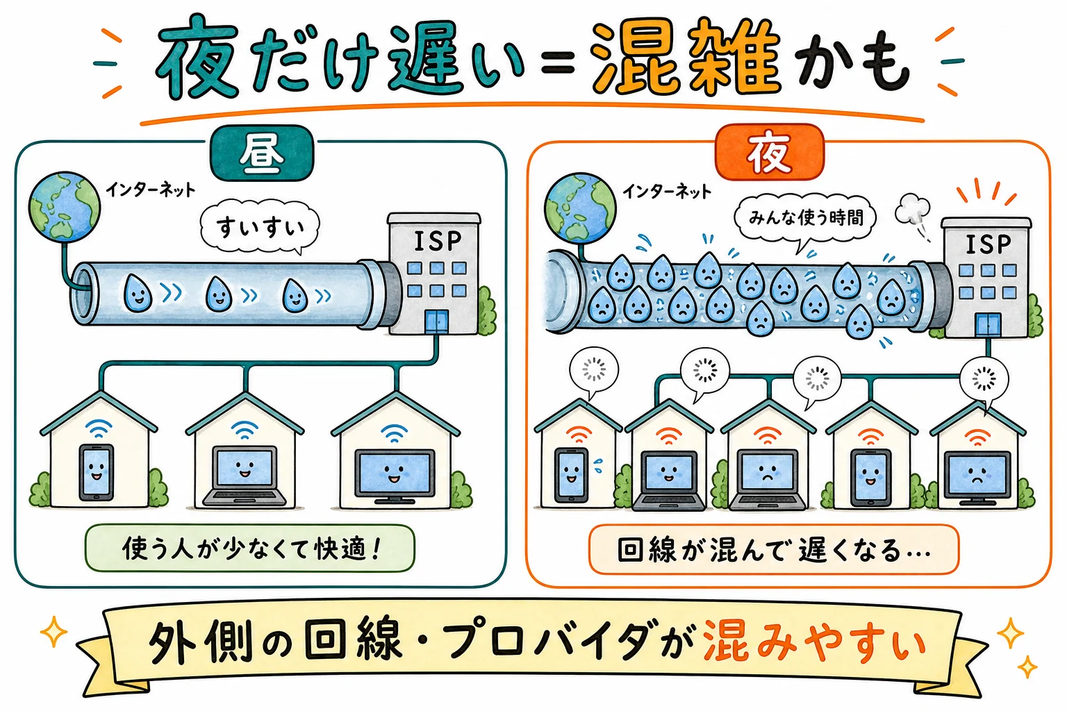 夜だけ遅いのは混雑のせい