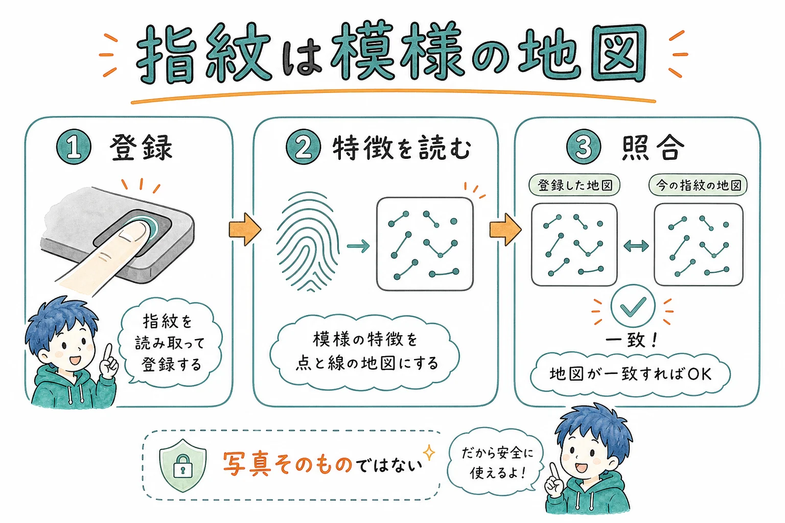 指紋の凹凸パターンを読み取って照合