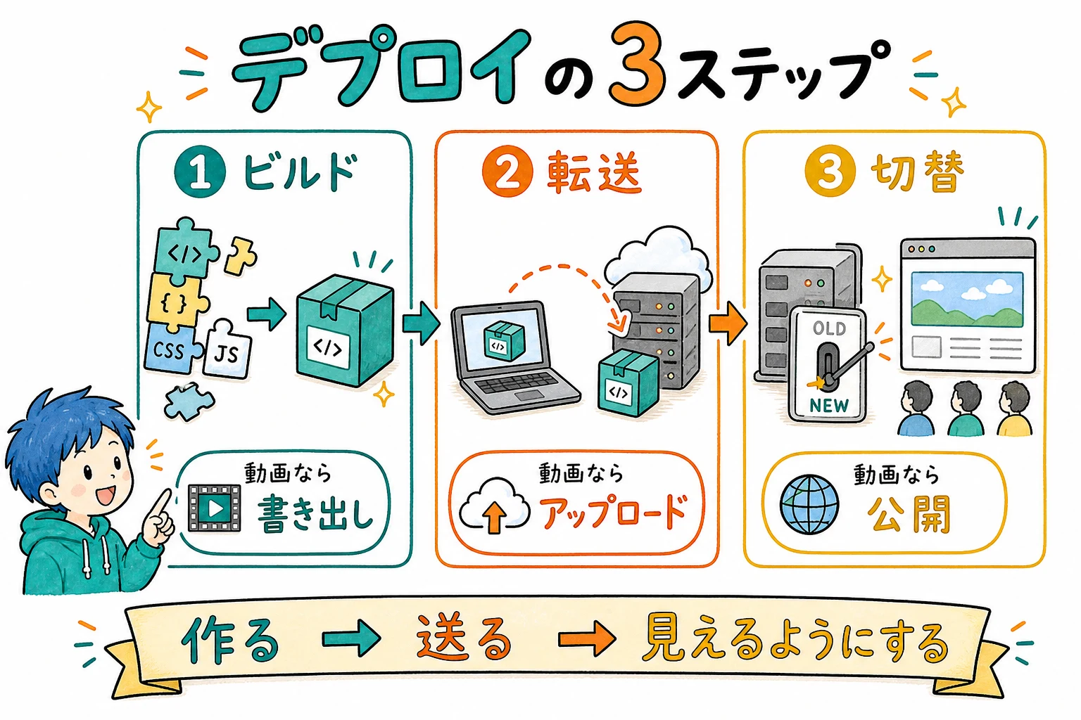 デプロイの3ステップ：ビルド→転送→切替。YouTubeの書き出し→アップロード→公開と対応